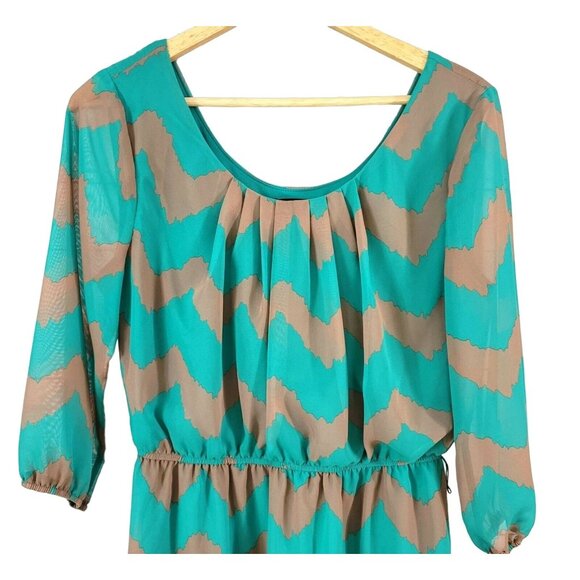As U Wish Boho Western Mini Dress Green Brown Medium Chevron Lined Sheer Sleeves - Picture 2 of 7